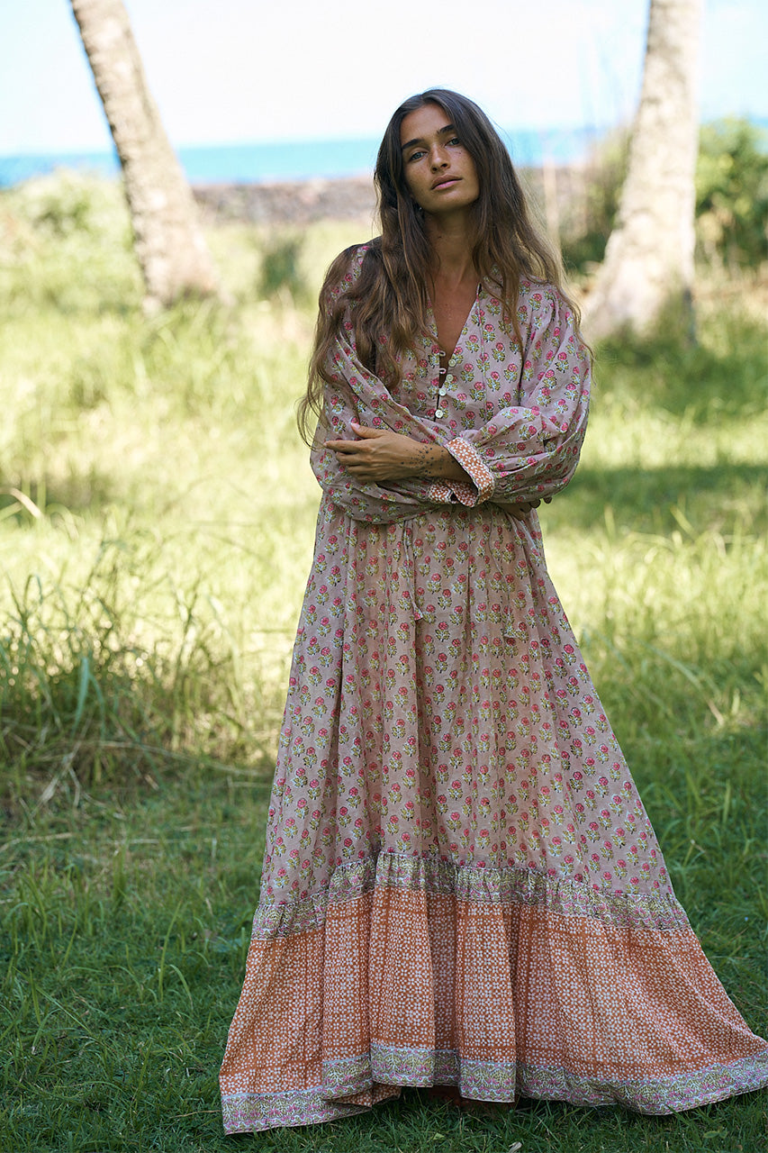 Bhoomi Maxi Dress Sunset | Handcrafted Tiered Boho Maxi Dress DOI Bhoomi Maxi Dress Sunset | Handcrafted Tiered Boho Maxi Dress DOI