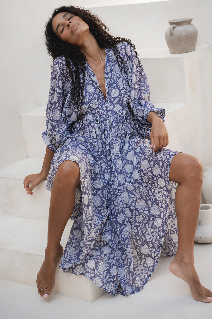daughters of india blue dress Kyra | Midi Dress | Ocean Blue Floral - Boho Relaxed Fit Balloon-Sleeved Gauze Cotton