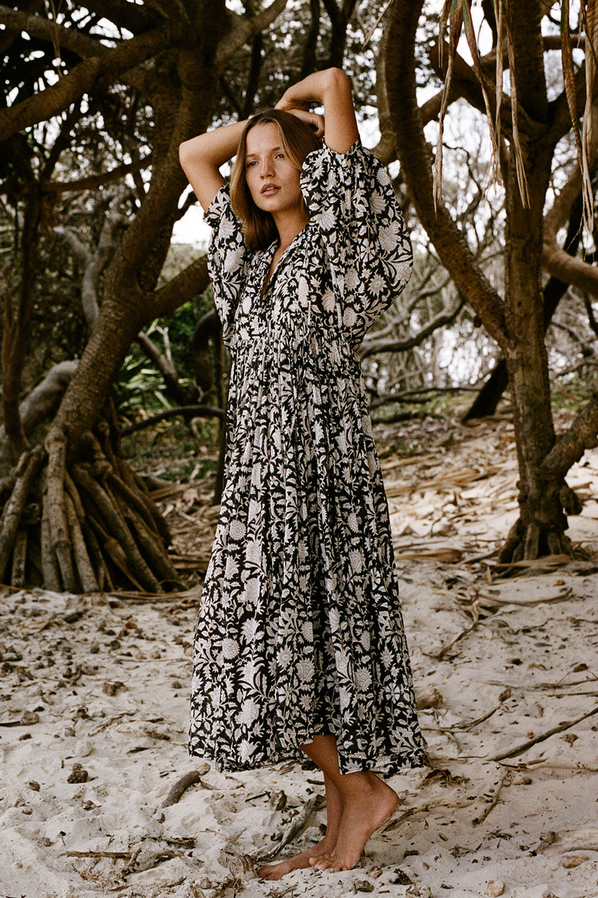 nbd kyra midi dress Kyra | Midi Dress | Ocean Blue Floral - Boho Relaxed Fit Balloon-Sleeved Gauze Cotton