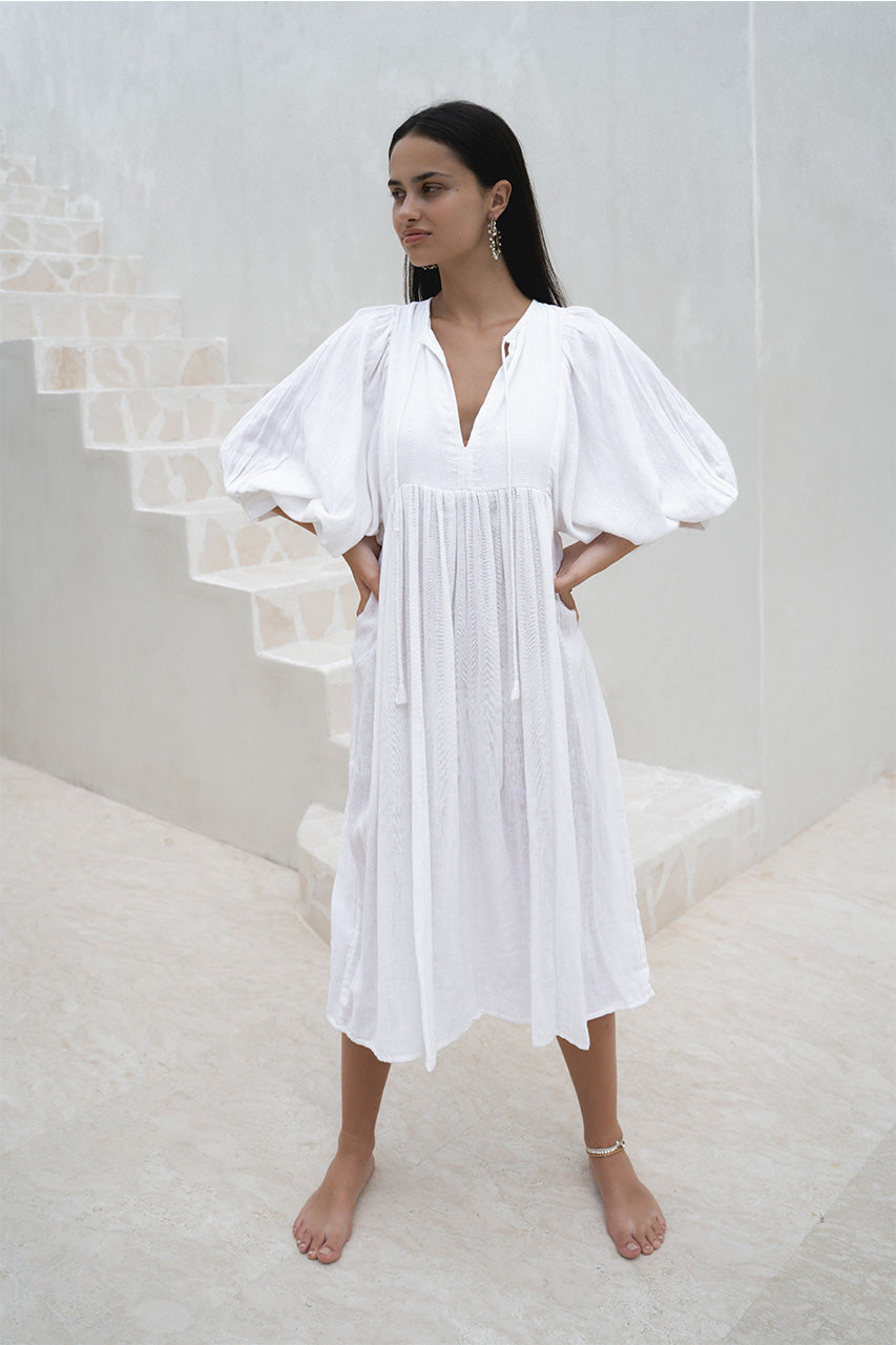 Kyra Midi Dress ~ White Gauze | Artisan Cotton Gauze Dress DOI Kyra Midi Dress ~ White Gauze | Artisan Cotton Gauze Dress DOI