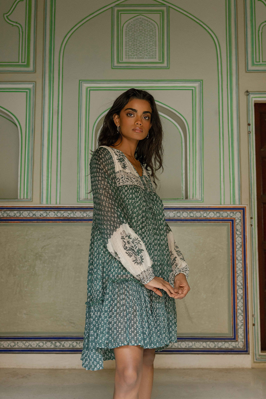 Rooh | Mini Dress | Pine - Boho Blouson Sleeve Gauze Cotton