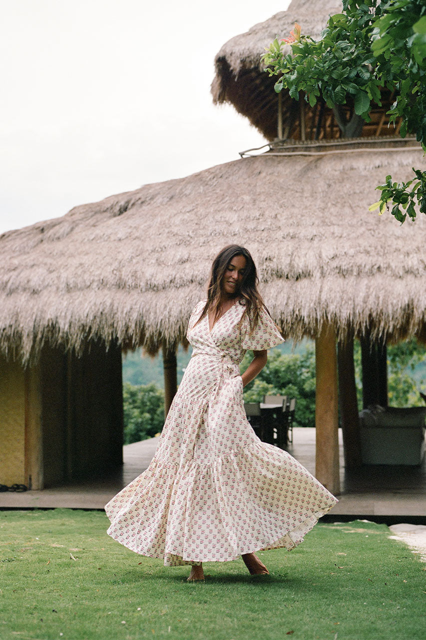 Zuri Wrap Dress ~ Peony | Hand Block Printed Cream Wrap Dress DOI Zuri Wrap Dress ~ Peony | Hand Block Printed Cream Wrap Dress DOI