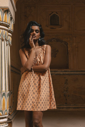 indian style short dresses Off Lime Floral Printed Cotton Short Dress With Doris