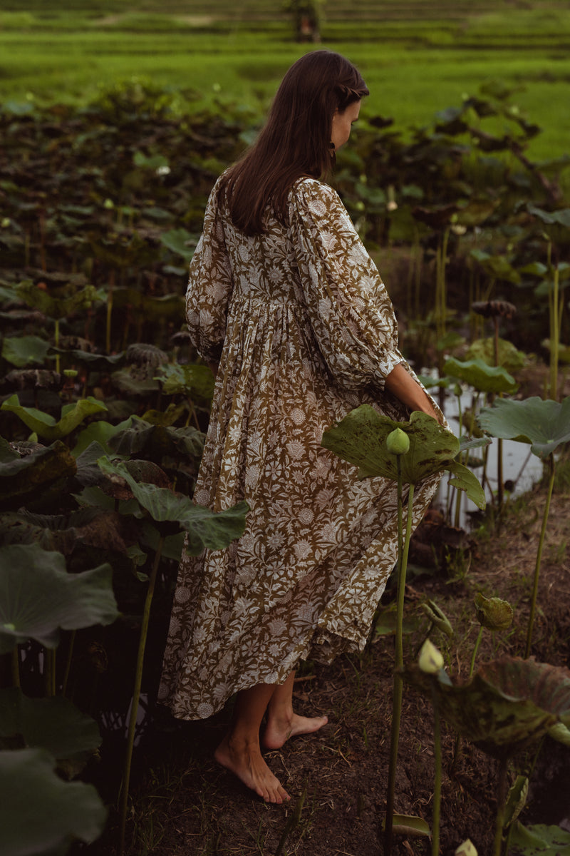 Kyra Maxi Dress ~ Olive | Hand Block Printed with Purpose – DOI