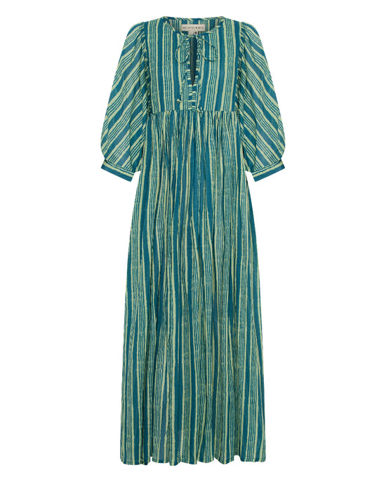 Flat lay of the Daughters of India Kyra Maxi Dress in Spearmint, a green and white striped cotton maxi dress with billowed sleeves and button neckline detail