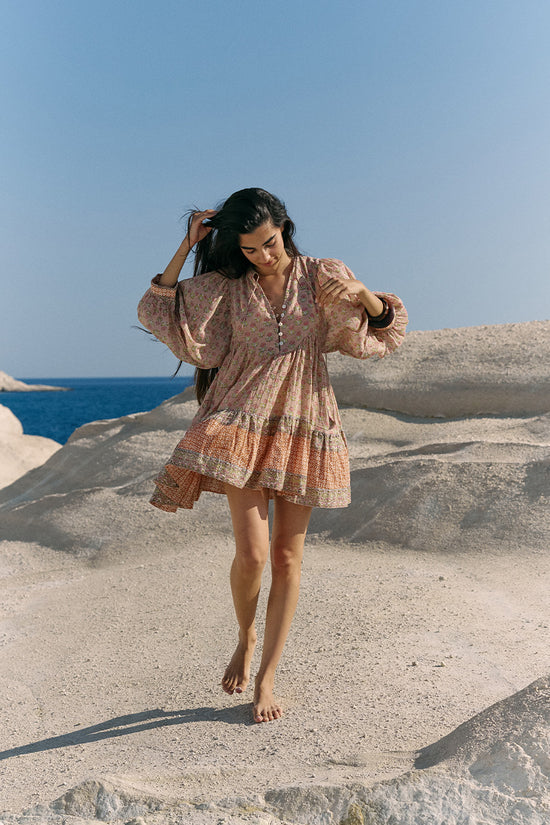 Bhoomi Mini Dress ~ Sunset | Boho Block Print Cotton Mini Dress DOI Bhoomi Mini Dress ~ Sunset | Boho Block Print Cotton Mini Dress DOI