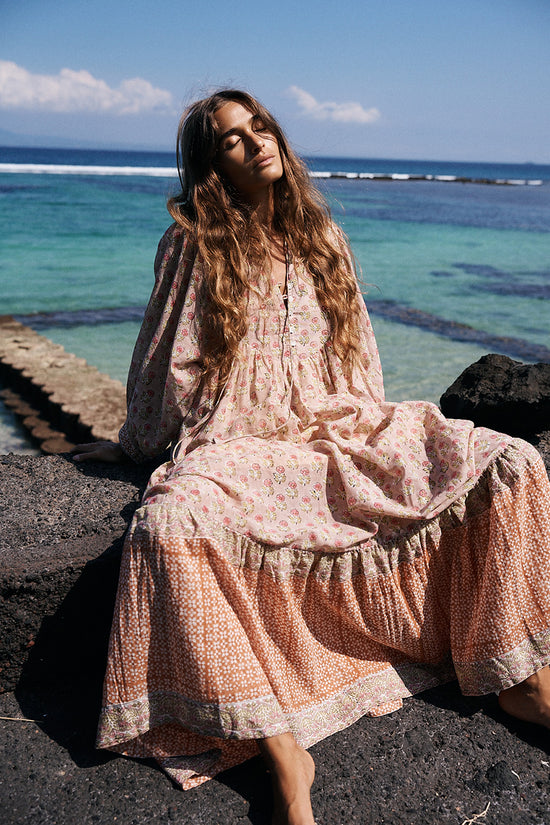 Bhoomi Maxi Dress Sunset | Handcrafted Tiered Boho Maxi Dress DOI Bhoomi Maxi Dress Sunset | Handcrafted Tiered Boho Maxi Dress DOI