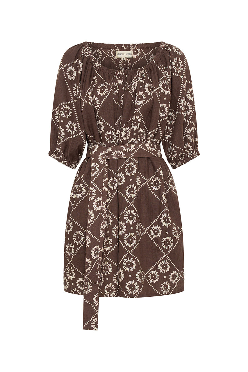Dahlia Mini Dress Maple — ghost flat lay on white, maple brown linen mini with tie waist belt, full-body silhouette showing hand block print diamond daisy pattern, Jaipur artisan cotton | Daughters of India