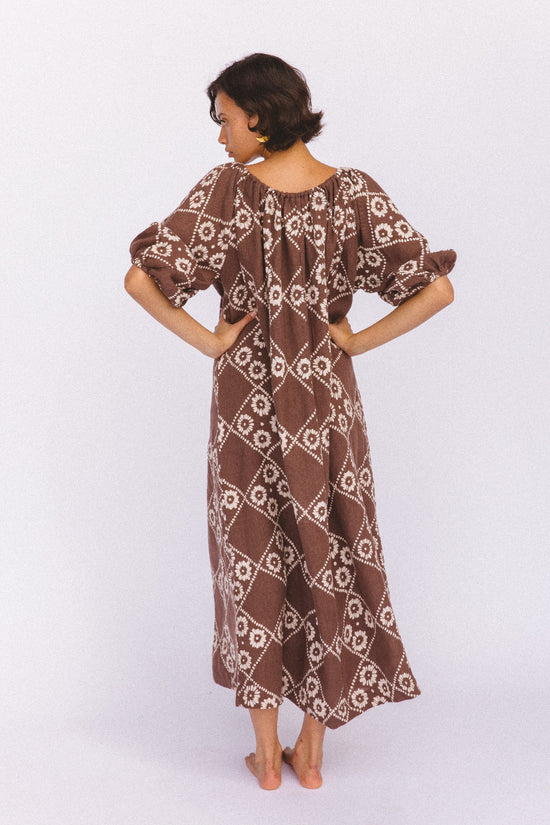 Dahlia Maxi Dress Maple — studio back view, full length showing linen drape and hand block print pattern, ethical artisan cotton dress made in Jaipur India | Daughters of India
