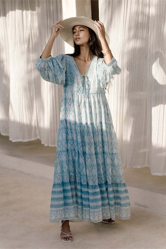 Jasmine | Maxi Dress | Sea Mist - Boho Billow Sleeve Gauze Cotton | Daughters of India Jasmine | Maxi Dress | Sea Mist - Boho Billow Sleeve Gauze Cotton | Daughters of India