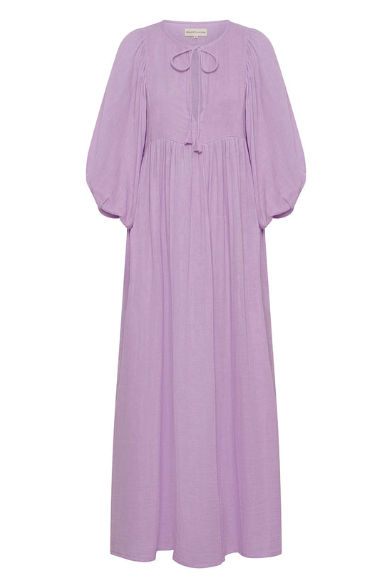 Daughters of India Kyra Maxi Dress in Lilac Gauze — flat lay showing neckline tie, billowed sleeves, cotton gauze fabric