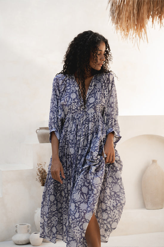 Kyra Midi Dress Blue Iris | Boho Block Print Cotton Dress DOI Kyra Midi Dress Blue Iris | Boho Block Print Cotton Dress DOI