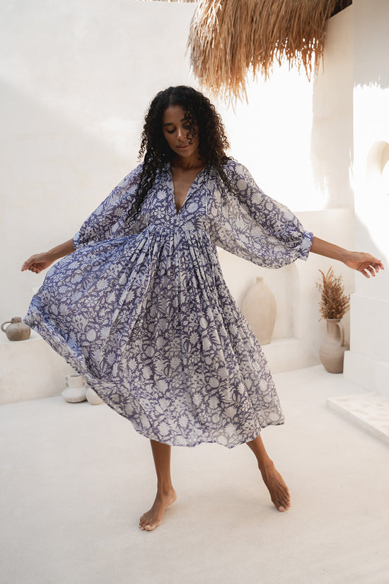 Kyra Midi Dress Blue Iris | Boho Block Print Cotton Dress DOI Kyra Midi Dress Blue Iris | Boho Block Print Cotton Dress DOI