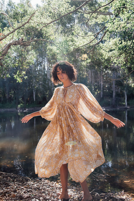 Kyra | Midi Dress | Cumin Earthy Yellow Floral - Boho Relaxed Fit Gauze Cotton | Daughters of India Kyra | Midi Dress | Cumin Earthy Yellow Floral - Boho Relaxed Fit Gauze Cotton | Daughters of India