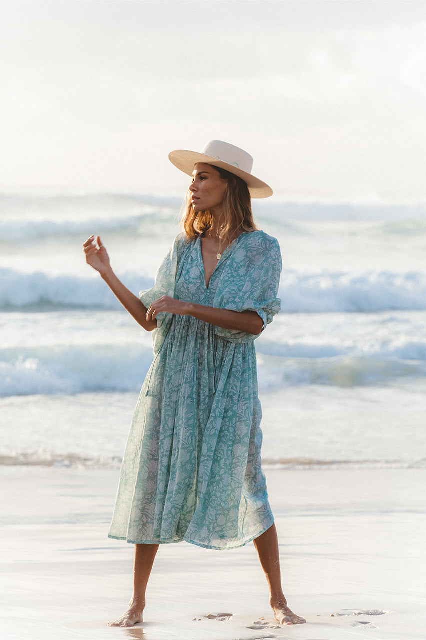 Kyra Midi Dress Jade — beach lifestyle with wide brim hat, hand block print jade cotton midi | Daughters of India