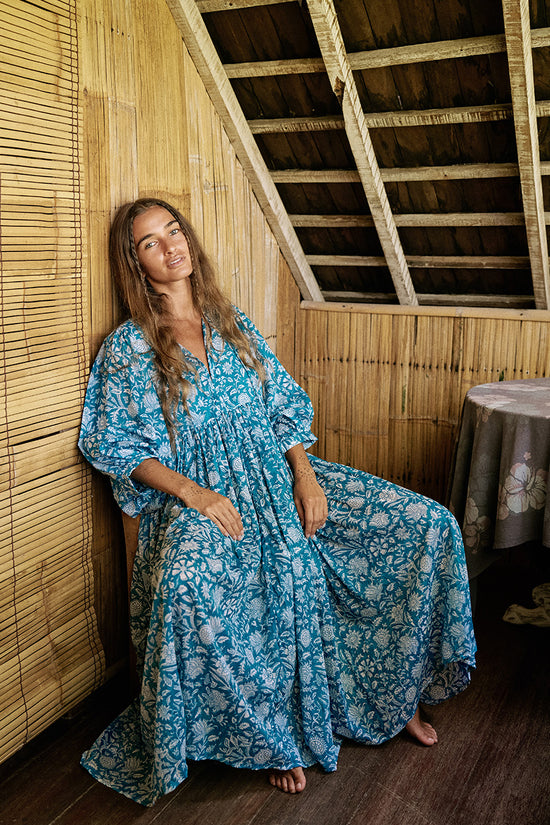 Kyra Midi Dress ~ Ocean Blue | Lightweight Cotton, Artisan Crafted DOI Kyra Midi Dress ~ Ocean Blue | Lightweight Cotton, Artisan Crafted DOI