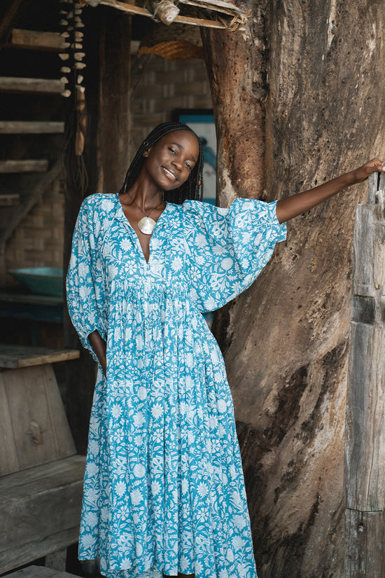 Kyra Midi Dress ~ Ocean Blue | Lightweight Cotton, Artisan Crafted DOI Kyra Midi Dress ~ Ocean Blue | Lightweight Cotton, Artisan Crafted DOI