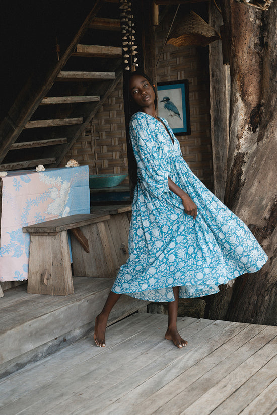 Kyra Midi Dress ~ Ocean Blue | Lightweight Cotton, Artisan Crafted DOI Kyra Midi Dress ~ Ocean Blue | Lightweight Cotton, Artisan Crafted DOI
