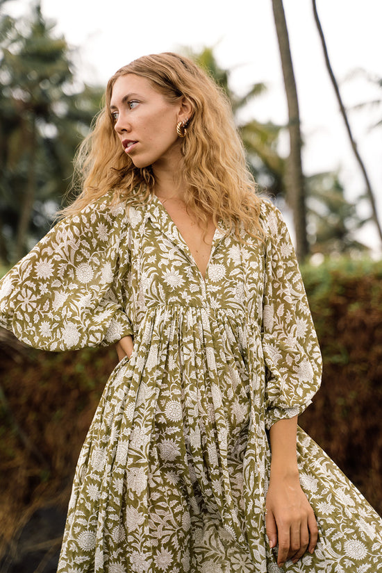 Kyra Midi Dress ~ Olive | Hand Block Printed Cotton Dress – DOI