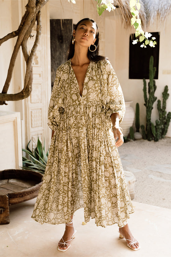 Kyra Midi Dress ~ Olive | Hand Block Printed Cotton Dress DOI Kyra Midi Dress ~ Olive | Hand Block Printed Cotton Dress DOI