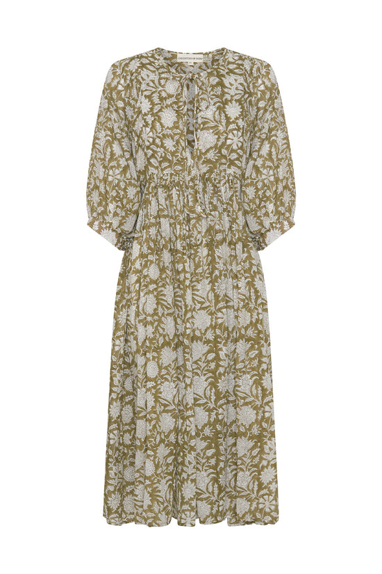 Kyra Midi Dress ~ Olive | Hand Block Printed Cotton Dress DOI Kyra Midi Dress ~ Olive | Hand Block Printed Cotton Dress DOI