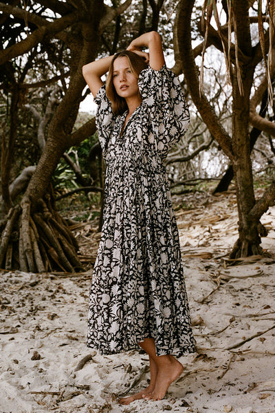 Kyra Midi Dress ~ Pepper | Hand Block Printed Cotton Design – DOI