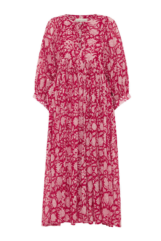 Daughters of India Kyra Midi Dress in Saffron — flat lay showing full floral print, screen print cotton