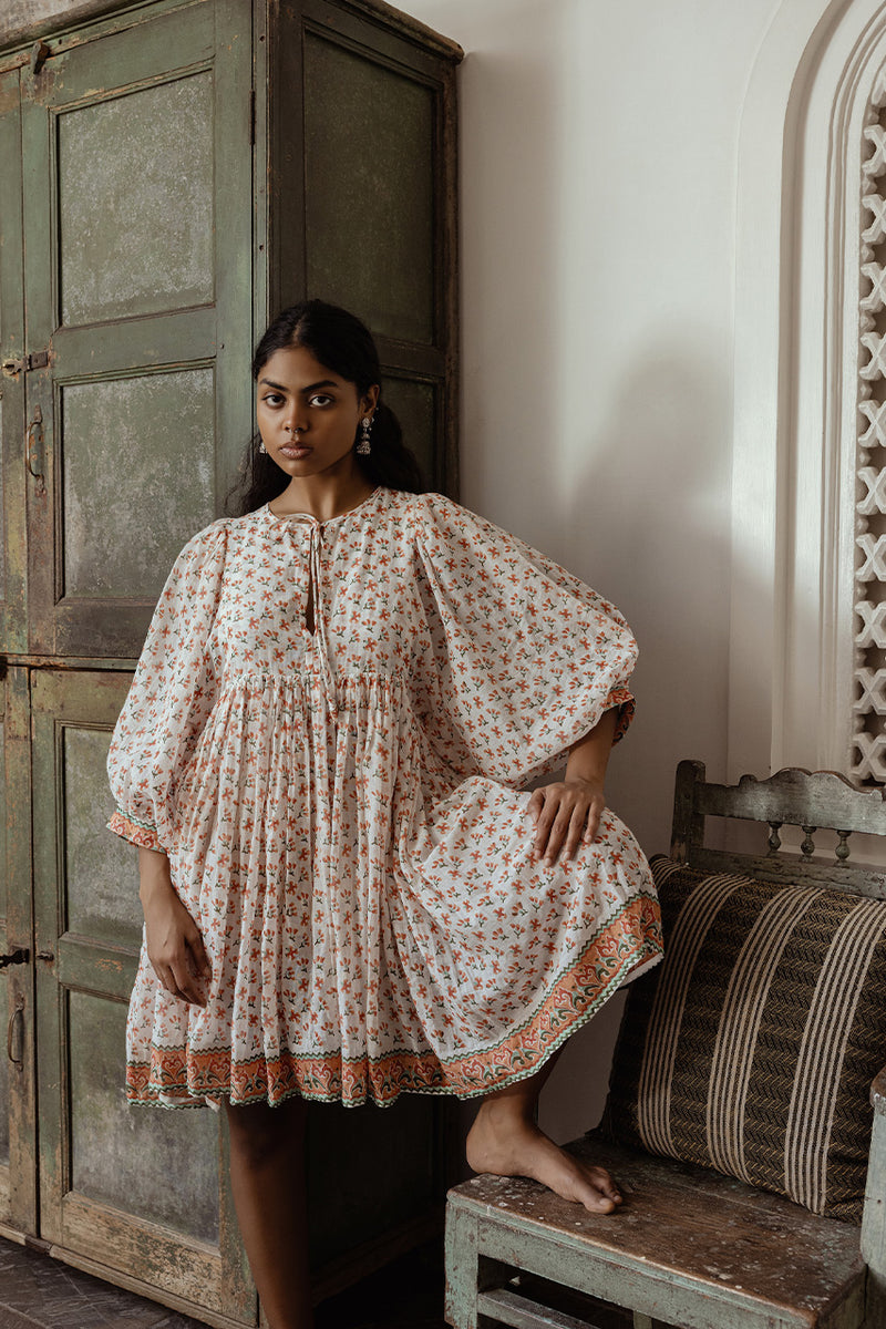 Kyra Mini Dress ~ Coral | Block Printed by Hand in India – DOI