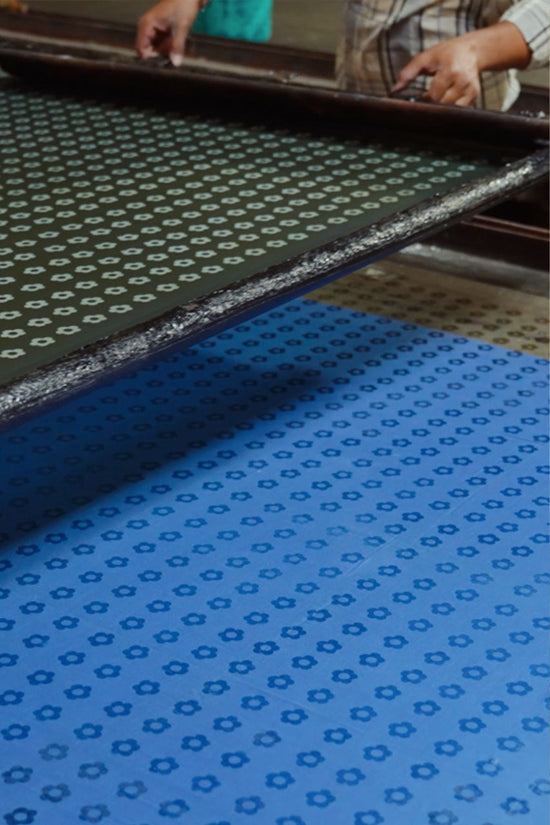 Hand block printing process in Jaipur — indigo dye on natural fabric, Daughters of India artisan craft