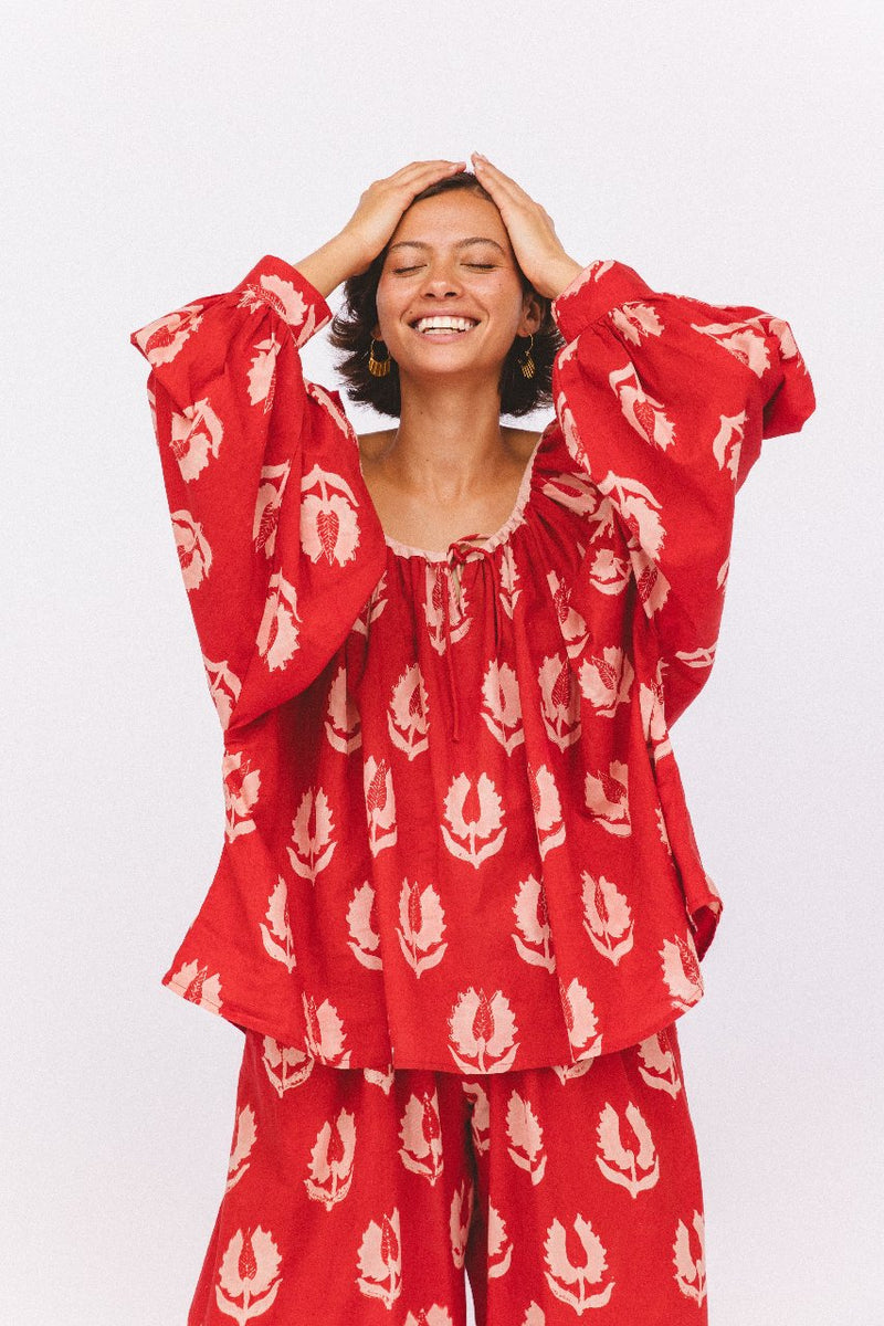 Ria Blouse ~ Ruby Red | Handcrafted in India, 100% Cotton – DOI