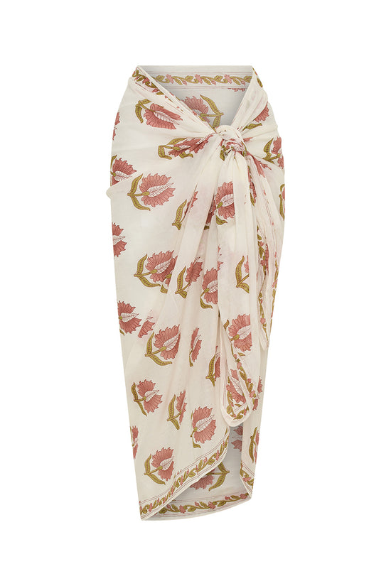 Ria Sarong Strawberry Cream — close-up wrap tie detail, sarong knot and drape at waist, strawberry cream hand block print cotton fabric detail, artisan India | Daughters of India