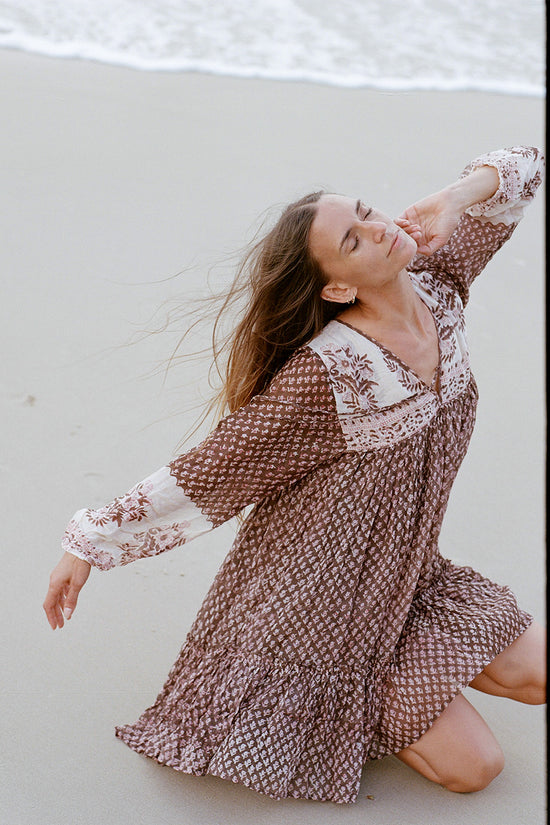 Rooh Mini Dress ~ Cacao | Flowing Tiered Cotton Mini Dress DOI Rooh Mini Dress ~ Cacao | Flowing Tiered Cotton Mini Dress DOI