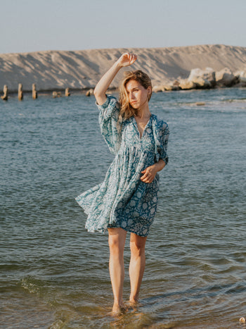 Kyra Mini Dress ~ Ocean Blue | Lightweight Cotton, Artisan Crafted Kyra Mini Dress ~ Ocean Blue | Lightweight Cotton, Artisan Crafted