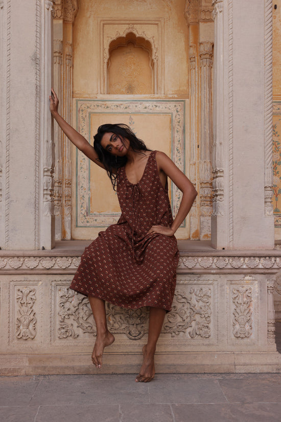 midi block printed organic cotton dress Palmetto Cotton Block Print Dress The Monogram Corner