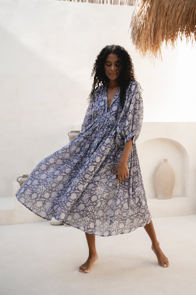Kyra Midi Dress Blue Iris | Boho Block Print Cotton Dress DOI Kyra Midi Dress Blue Iris | Boho Block Print Cotton Dress DOI