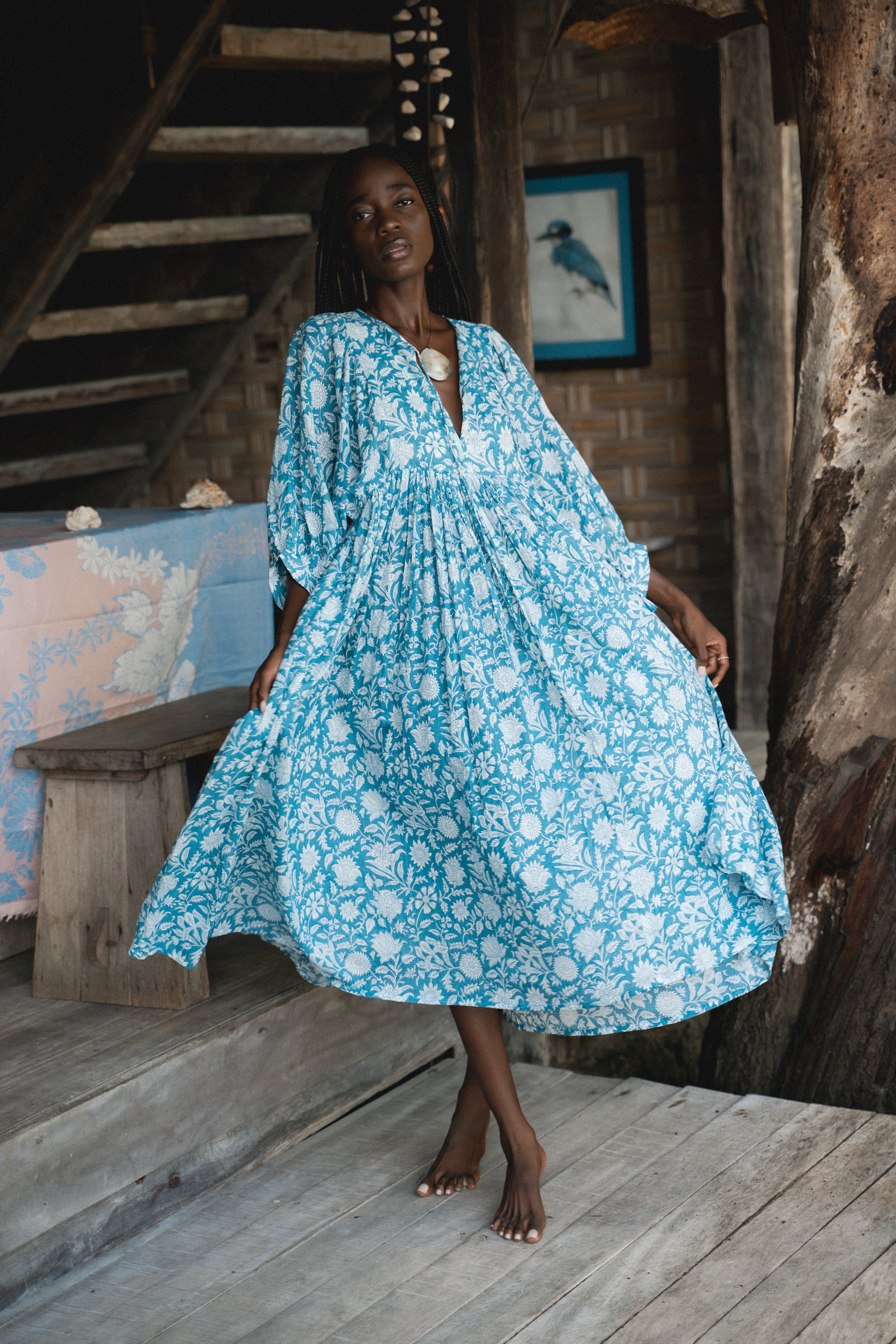 Blue patterned discount midi dress