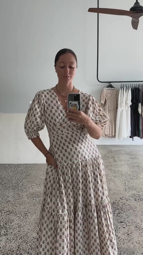 Zuri Wrap Dress ~ Peony | Hand Block Printed Cream Wrap Dress – DOI