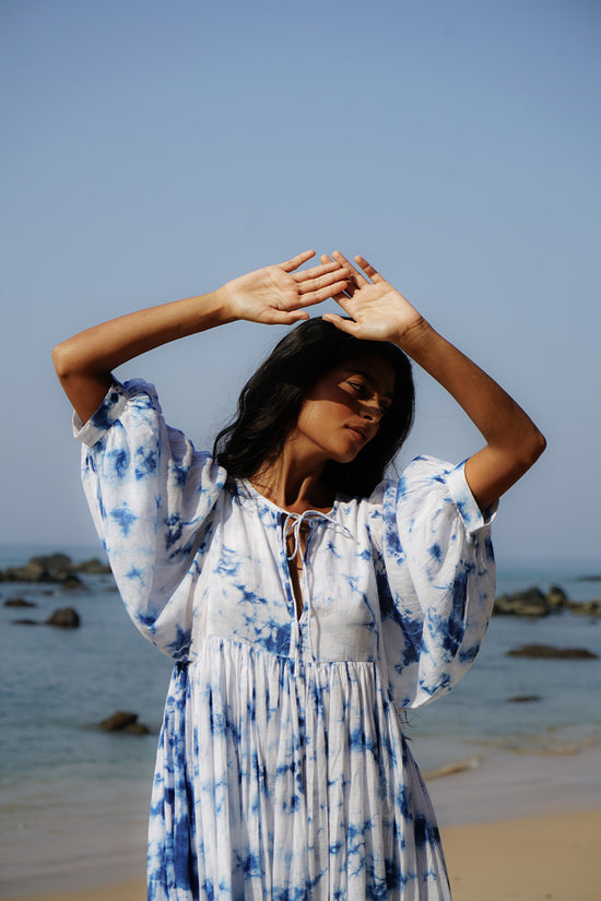 Kyra Midi Dress ~ Deep Sea | Hand Tie Dye Cotton Dress Daughters of India Kyra Midi Dress ~ Deep Sea | Hand Tie Dye Cotton Dress Daughters of India
