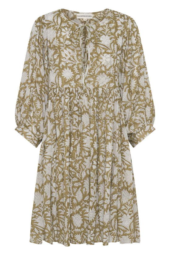 knee length dresses for ladies Kyra | Mini Dress | Jade Floral - Boho Relaxed Fit Balloon-Sleeved Gauze Cotton main image 1