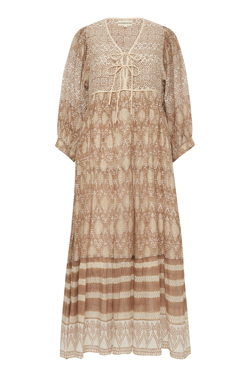 Daughters of India Jasmine Midi Dress in Shell — flat lay showing V-neckline tie, tiered border hem, hand screen print cotton